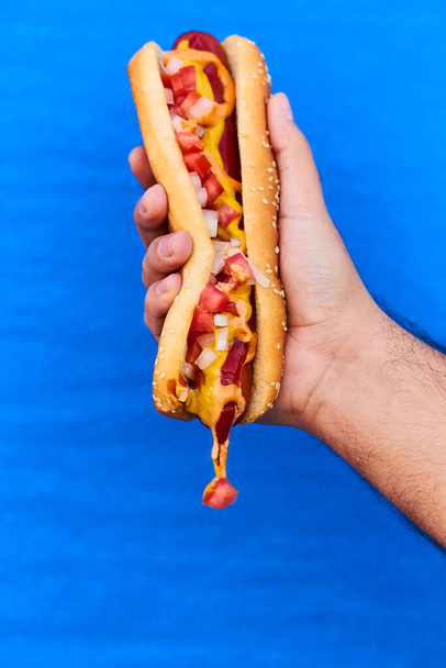 Reklamní fotografie klasického 1 / 4 librového hotdogu. Typické americké jídlo se zeleninou a dressingem. Speciální pro lidi, kteří vědí, jak dobře jíst. - Fotografie, Obrázek