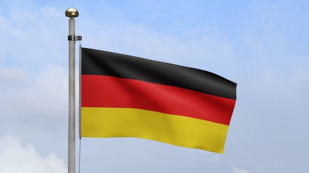German flag waving in wind with blue sky. Close up of Germany banner blowing, soft and smooth silk. Cloth fabric texture ensign background. Use it for national day and country occasions concept. - Photo, Image