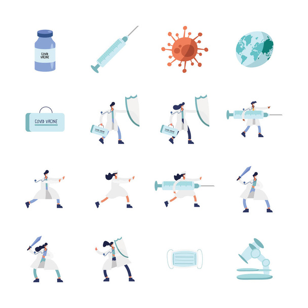 лікарі в медичних масках з іконками вакцини
 - Вектор, зображення
