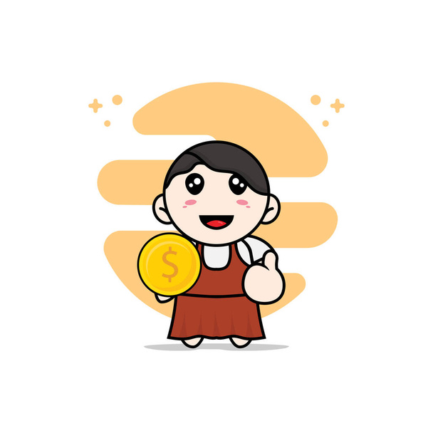 Cute girl character holding a coin. Mascot design concept - Wektor, obraz