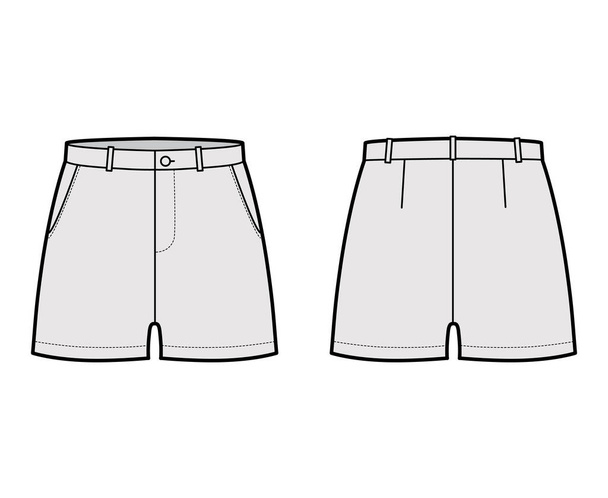 Σύντομη τεχνική εικόνα μόδας παντελόνι με μέσο μήκος μηρού, χαμηλή μέση, αύξηση, σχισμένο τσέπη. Πλατέα ενδύματα βυθού  - Διάνυσμα, εικόνα