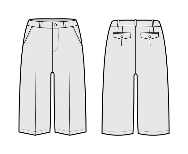 Kurze Bermuda-Hose technische Mode Illustration mit knielanger, niedriger Taille, Aufstieg, aufgeschlitzte Tasche. Plattfuß - Vektor, Bild