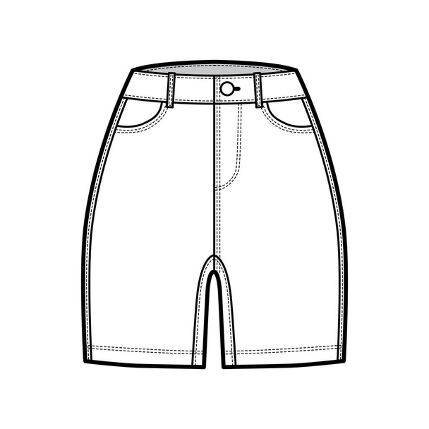 Denim short pants technical fashion illustration with mid-thigh length, normal waist, high rise, curved 5 pockets. - Vector, Image