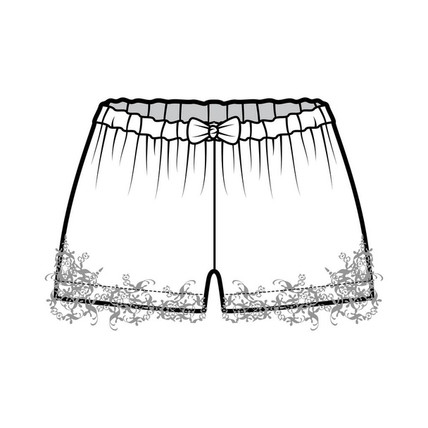 Short tap pants technical fashion illustration with bow, lace, mini length, low waist, rise sleepwear bottom apparel - Vector, afbeelding