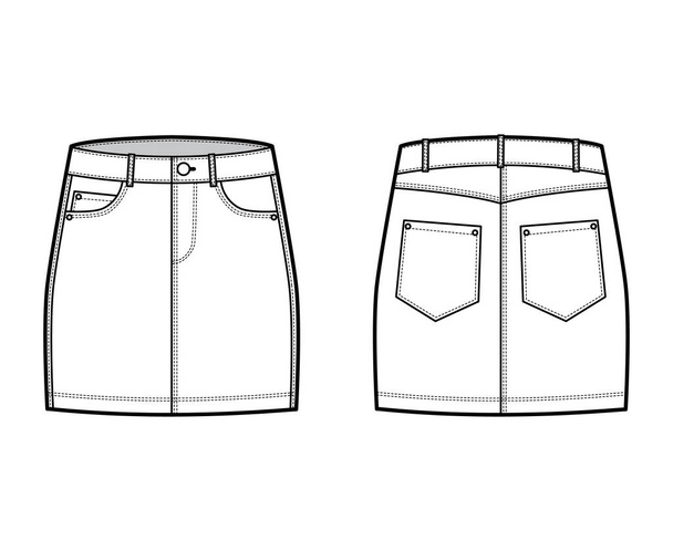 Denim skirt technical fashion illustration with mini length, low waist rise, curved and angled pockets. Flat bottom - Vector, Image