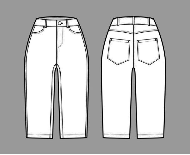 Pantalones cortos de mezclilla ilustración técnica de moda con longitud de rodilla, cintura normal, rascacielos, curvado, en ángulo 5 bolsillos - Vector, Imagen