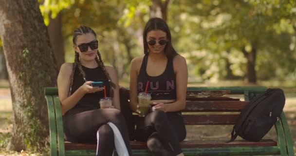 Vrouwelijke vrienden zitten op een bankje in het park op een zonnige dag - Video