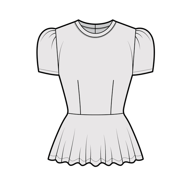 Blusa Peplum ilustración técnica de moda con puff manga corta, cuello redondo, cuerpo ajustado. Camisa de ropa plana - Vector, Imagen