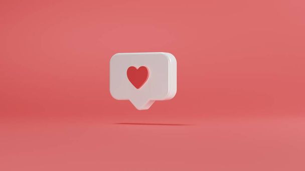 Közösségi média értesítés szerelem szív ikon fehér lekerekített szögletes pin elszigetelt rózsaszín fal háttér árnyék egyszerű és elegáns. 3D illusztráció teszi modern és trendi - Fotó, kép