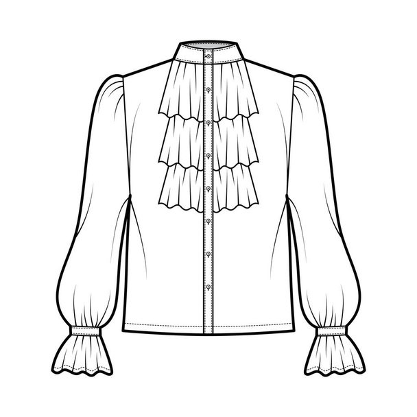 Poeta pirata blusa técnica moda ilustração com babados colar, bispo mangas compridas, ficar pescoço, solto botão para cima - Vetor, Imagem