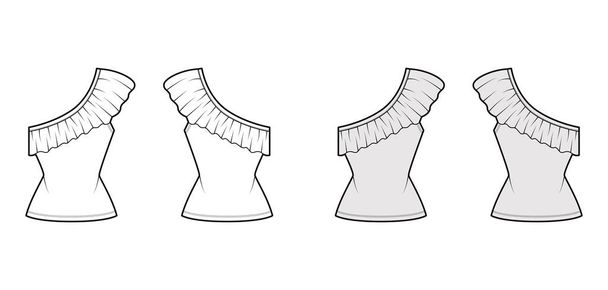 Top um ombro ilustração de moda técnica com babados, corpo equipado, algodão stretch. Modelo de camisa de vestuário plana - Vetor, Imagem