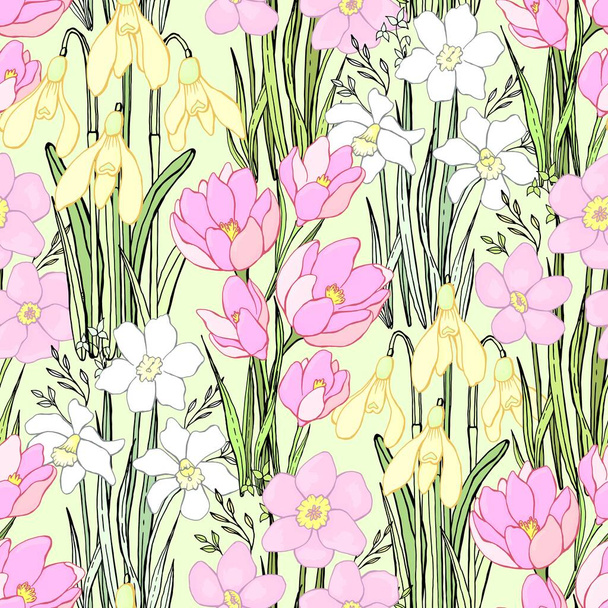 Spring wildflowers. Botanical background. Isolated vector seamless pattern. - Vector, Image