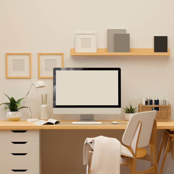 Representación 3D, sala de oficina en casa con computadora, suministros y decoraciones, ilustración 3D - Foto, Imagen