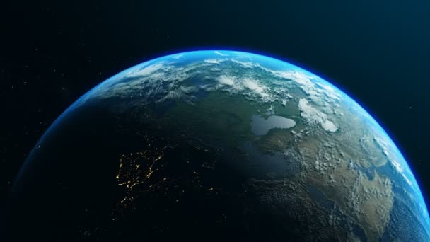 Planet Earth in the rays of the sun, going from night to day with cloud formations and city lights. 3D animation with detailed satellite map of NASA. - Footage, Video