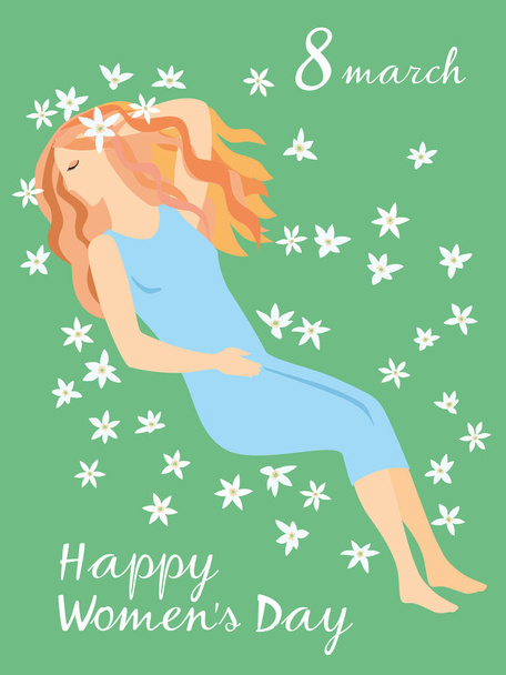 Happy womens day greeting card. Congratulations on March 8. The girl lies in a meadow among white flowers. Vector graphics - Vector, afbeelding