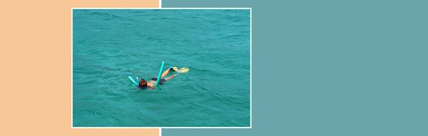 Donna che fa snorkeling in acqua di mare chiara banner divertente in toni della spiaggia con spazio di testo copia - Foto, immagini