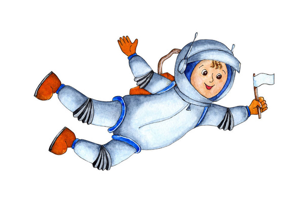 宇宙飛行士の水彩画のイラストが宇宙空間に浮かび上がる。宇宙飛行士の子供の写真が飛び、彼の手に旗を持っています。宇宙征服。白地に隔離された. - 写真・画像