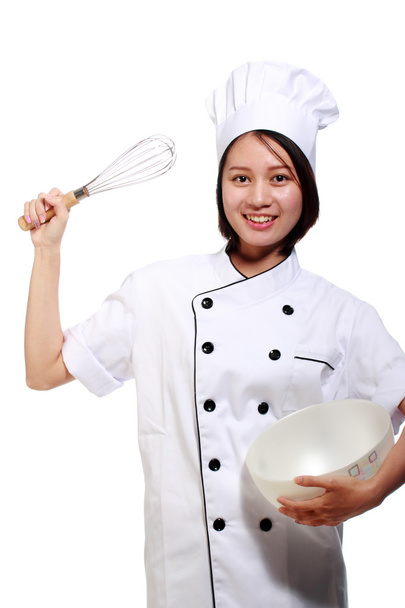 smiling asian female chef with whisk and bowl - Фото, зображення
