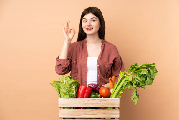 Young farmer girl with freshly picked vegetables in a box showing ok sign with fingers - Foto, imagen