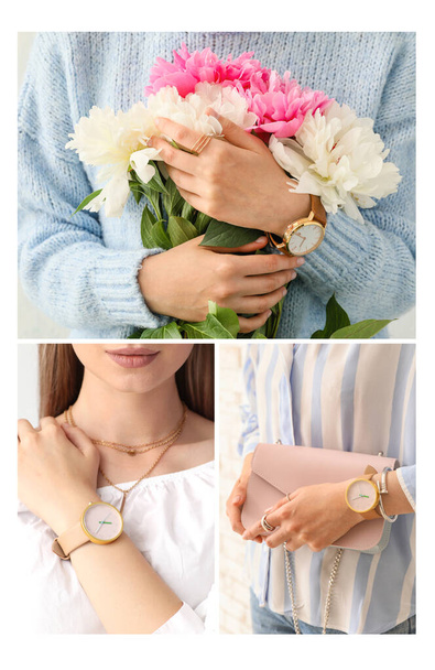 Коллаж молодой женщины и стильные наручные часы - Фото, изображение
