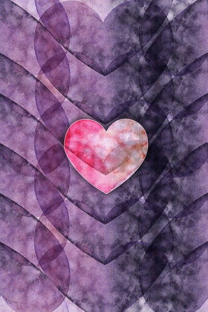 Der Hintergrund ist dunkelviolett von transparenten Herzen, in der Mitte ist ein leuchtend rosa Herz. - Foto, Bild