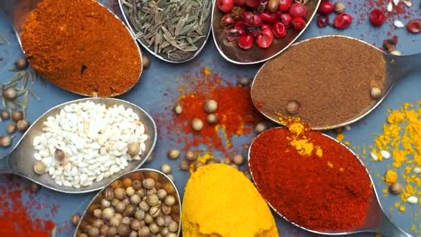 Kruidenachtergrond. Indiaas en Aziatisch voedsel specerijen op lepels en donkere achtergrond. Curry, peper, chili als ingrediënten van de Indiase keuken - Video