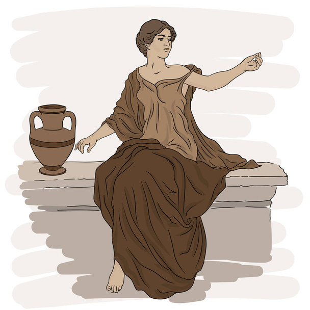 Молода струнка жінка в стародавній грецькій туніці сидить на кам "яному парапеті біля глека з вином і жестами.. - Вектор, зображення