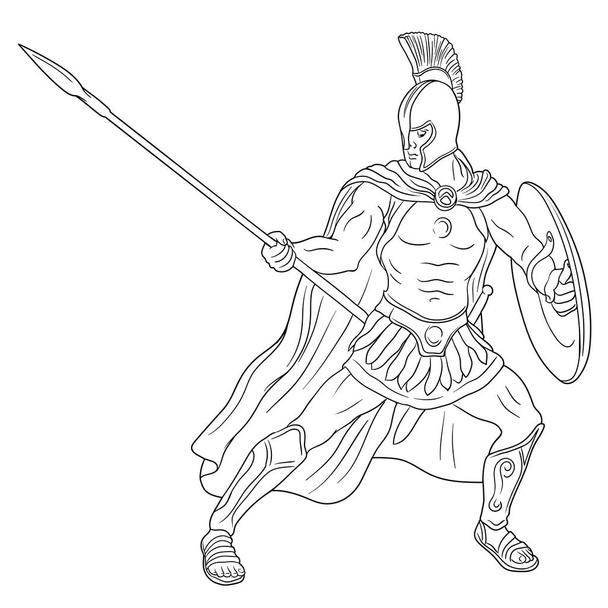 El antiguo guerrero legionario romano con una lanza y un escudo en sus manos está listo para atacar. Ilustración vectorial aislada sobre fondo blanco. - Vector, imagen