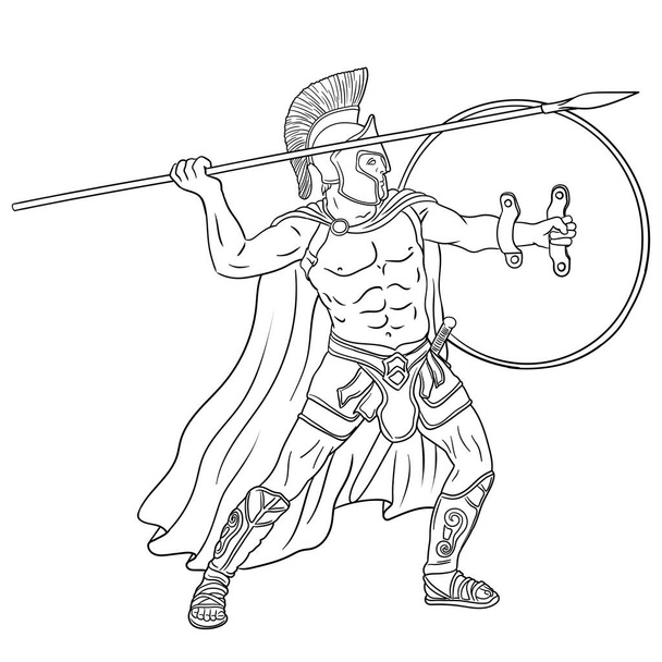 Starożytny grecki wojownik z włócznią i tarczą w rękach jest gotowy do ataku. Ilustracja wektora izolowana na białym tle. - Wektor, obraz