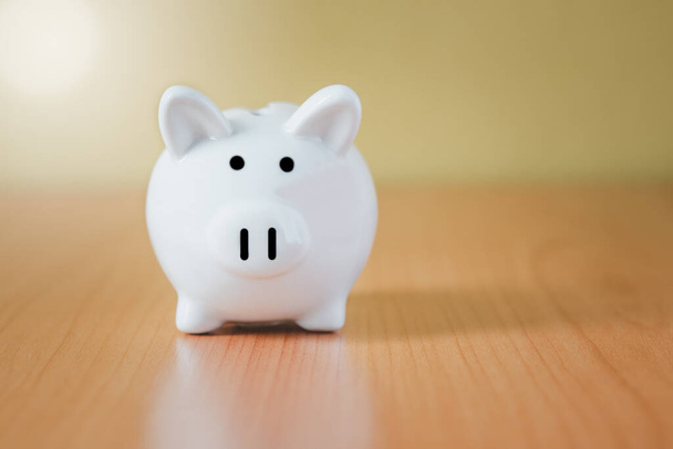 White Piggy Bank para ahorrar dinero y planificar un paso adelante para crecer, ahorrar dinero para el fondo de jubilación y el concepto de plan futuro. - Foto, Imagen