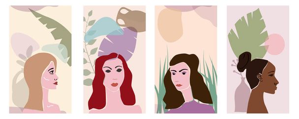 Collection Woman portraites minimal abstract contemporary style. Female faces flora leaves shapes vase silhouette background trendy modern art concept. Poster vector template social media stories - Vector, Image