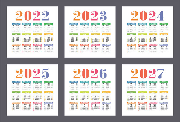Calendar 2022, 2023, 2024, 2025, 2026 and 2027 years. English colorful vector set. Square wall or pocket calender template. Design collection. New year. Week starts on Sunday - Vector, Image