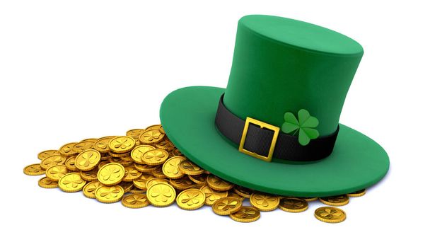 St. Patricks Day. Green Leprechaun Hat with Clover and a lot of gold coins. isolated on white background. 3d render - Photo, Image