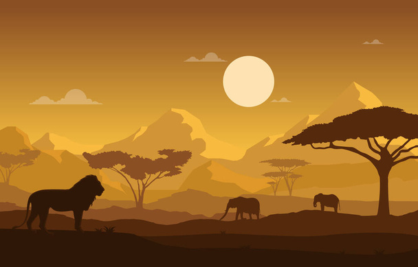 Oroszlán elefánt állat Szavanna Tájkép Afrika Vadvilág Illusztráció - Vektor, kép