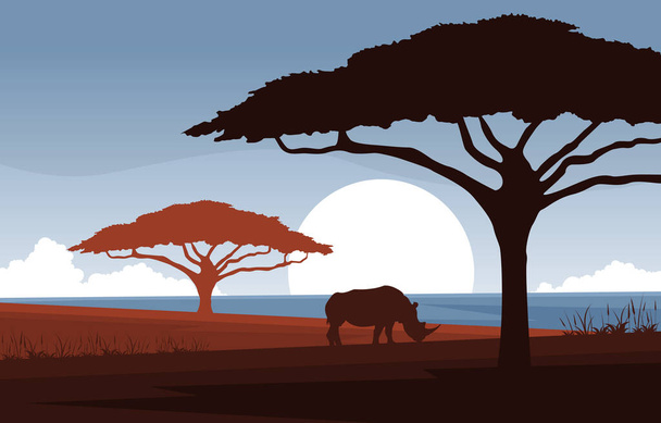 Саванний пейзаж Rhino Animal Savanna Africa Wildlife Illustration - Вектор, зображення