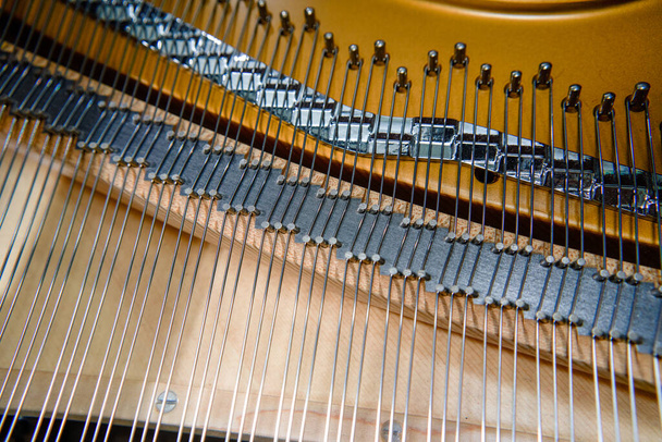 Um close-up da estrutura interna de cordas de um piano de cauda superior - Foto, Imagem