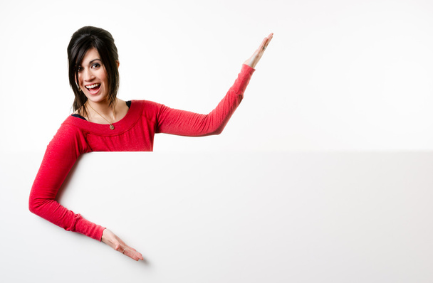 Female Presenter Stands Above Blank White Board Smiling Woman - Fotó, kép