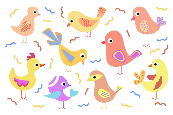 Conjunto de pássaros de desenhos animados multicoloridos. Elemento de design de estilo plano isolado no fundo branco. Ilustração vetorial - Vetor, Imagem