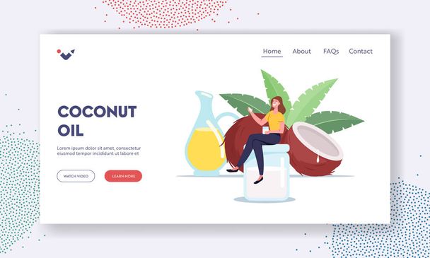 Woman Use Coconut Oil Landing Page Template. Tiny Female Character Sitting on Huge Glass Jar near Coco Nut - Vector, Image