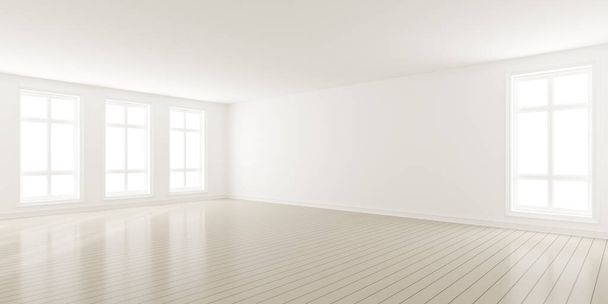 3d rendu de chambre vide moderne avec plancher en bois et grand mur blanc uni. - Photo, image