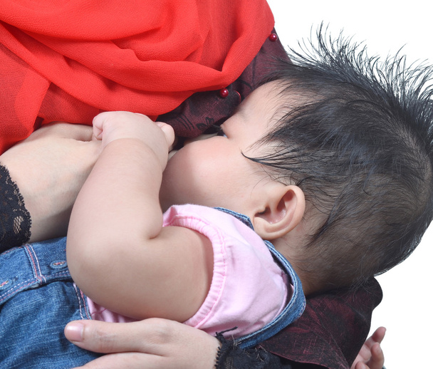 Nuori aasialainen muslimi äiti imettää hänen söpö vauva tyttö eristetty valkoisella taustalla
 - Valokuva, kuva