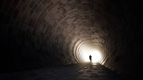 Konzept oder konzeptioneller dunkler Tunnel mit hellem Licht am Ende oder Ausgang als Metapher für Erfolg, Glaube, Zukunft oder Hoffnung, eine schwarze Silhouette des wandelnden Menschen zu neuen Chancen oder Freiheit 3D-Illustration - Foto, Bild