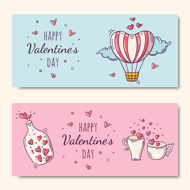 Twee horizontale banners met heteluchtballon en fles en een paar kopjes met hartjes in krabbelstijl voor Valentijnsdag - Vector, afbeelding