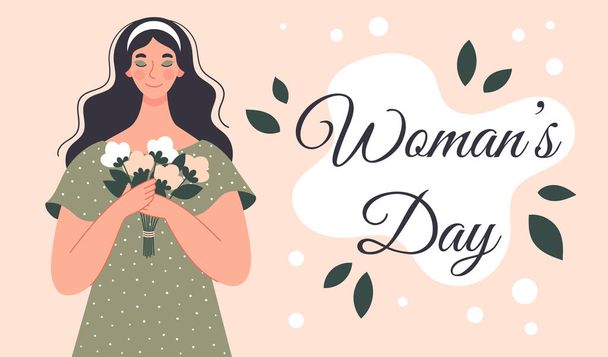Beautiful woman with a bouquet of flowers. Postcard for womens day. Vector illustration in flat style - Wektor, obraz