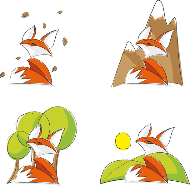 Malá a roztomilá ilustrovaná liška. Fox vyroben ve vektoru s jasnými barvami.Fox set s listy, stromy, horami a kopci. - Vektor, obrázek