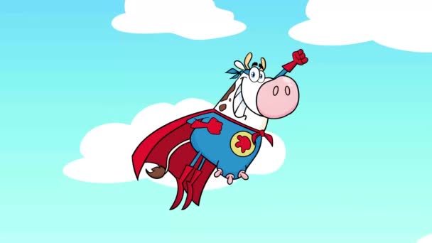Süper Kahraman İnek Çizgi Film Karakteri Uçuyor. Gökyüzü Arkaplanı ile 4K Animasyon Video Hareketi Grafikleri - Video, Çekim