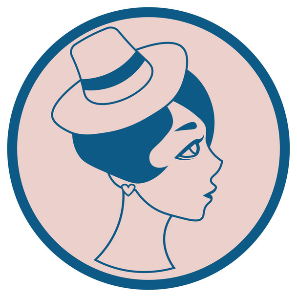 круглая икона с милым профилем ретро девушки в маленькой шляпе - Вектор,изображение
