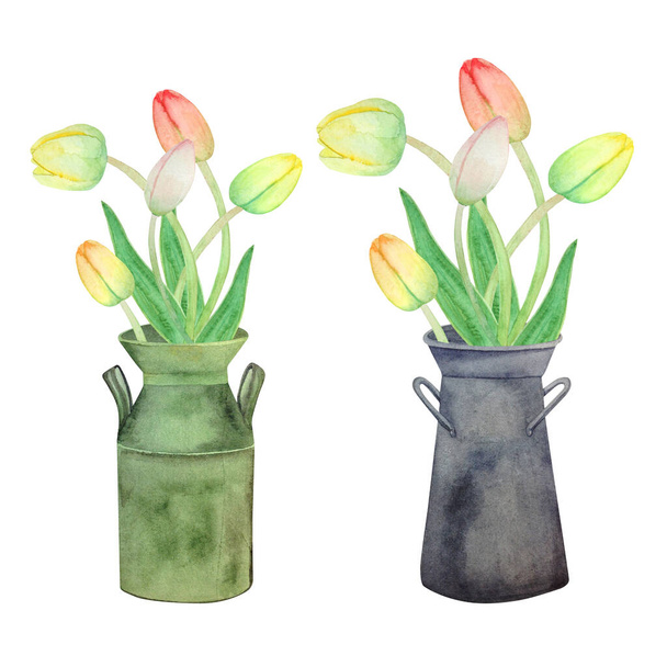 Акварельні металеві садові вази з букетами тюльпанів ізольовані на білому тлі. Зелений і сірий вінтажний горщик з рожевими і жовтими тюльпанами
. - Фото, зображення