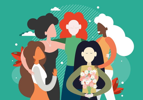 Group of feminists, diverse women hugging together, flat vector illustration. Feminism, women empowerment, race equality - Vetor, Imagem