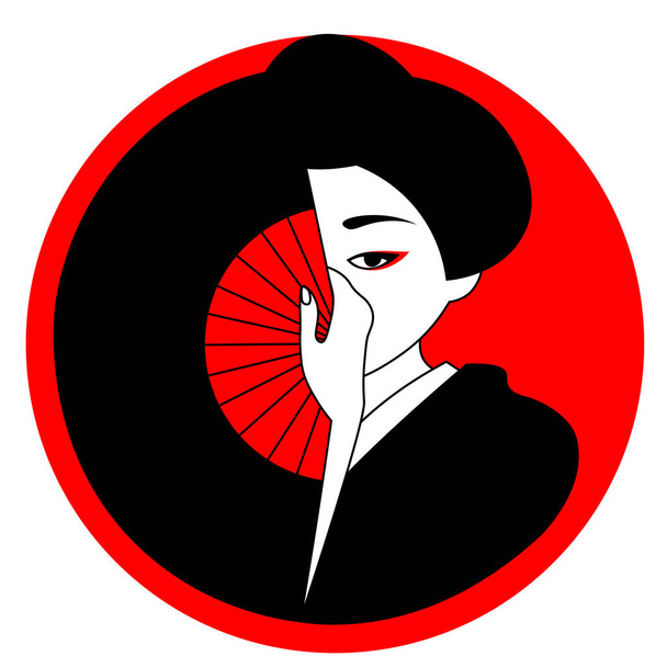 κόκκινο εικονίδιο κύκλο με χαριτωμένο geisha κρύβει το πρόσωπό της πίσω από έναν ανεμιστήρα - Διάνυσμα, εικόνα